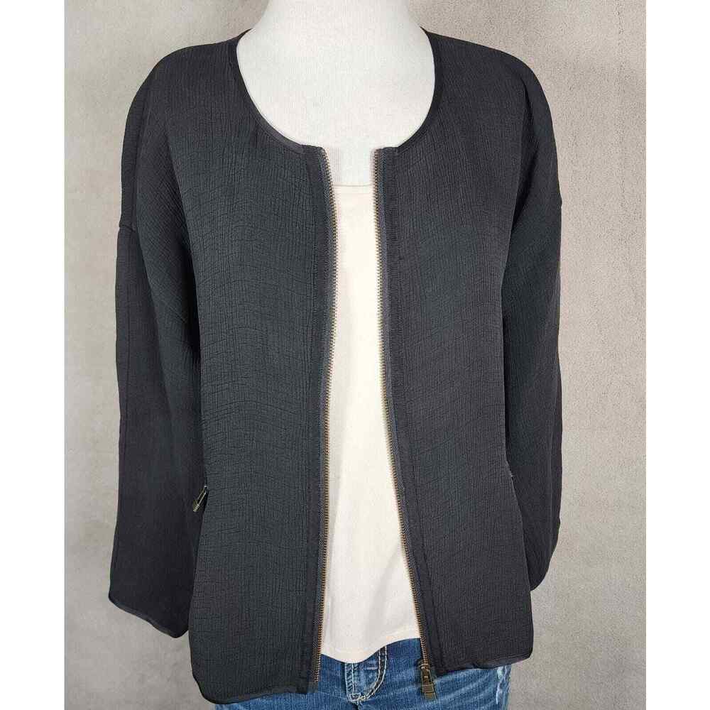Eileen Fisher Woman's Boxy Silk Blend Black Blazer Zip Jacket No Collar Size S